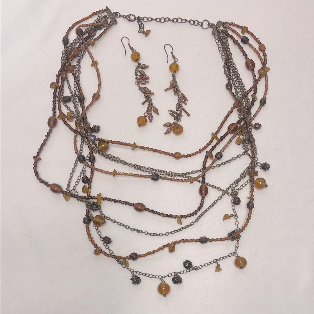Multi-Strand Brown and Gold Necklace Set GUC